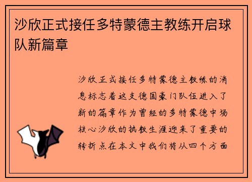 沙欣正式接任多特蒙德主教练开启球队新篇章