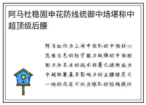 阿马杜稳固申花防线统御中场堪称中超顶级后腰 阿马杜稳固申花防线统御中场堪称中超顶级后腰